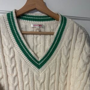 STELLA TWEED Cable-Knit V-Neck Cricket Sweater with Green Stripe Trim